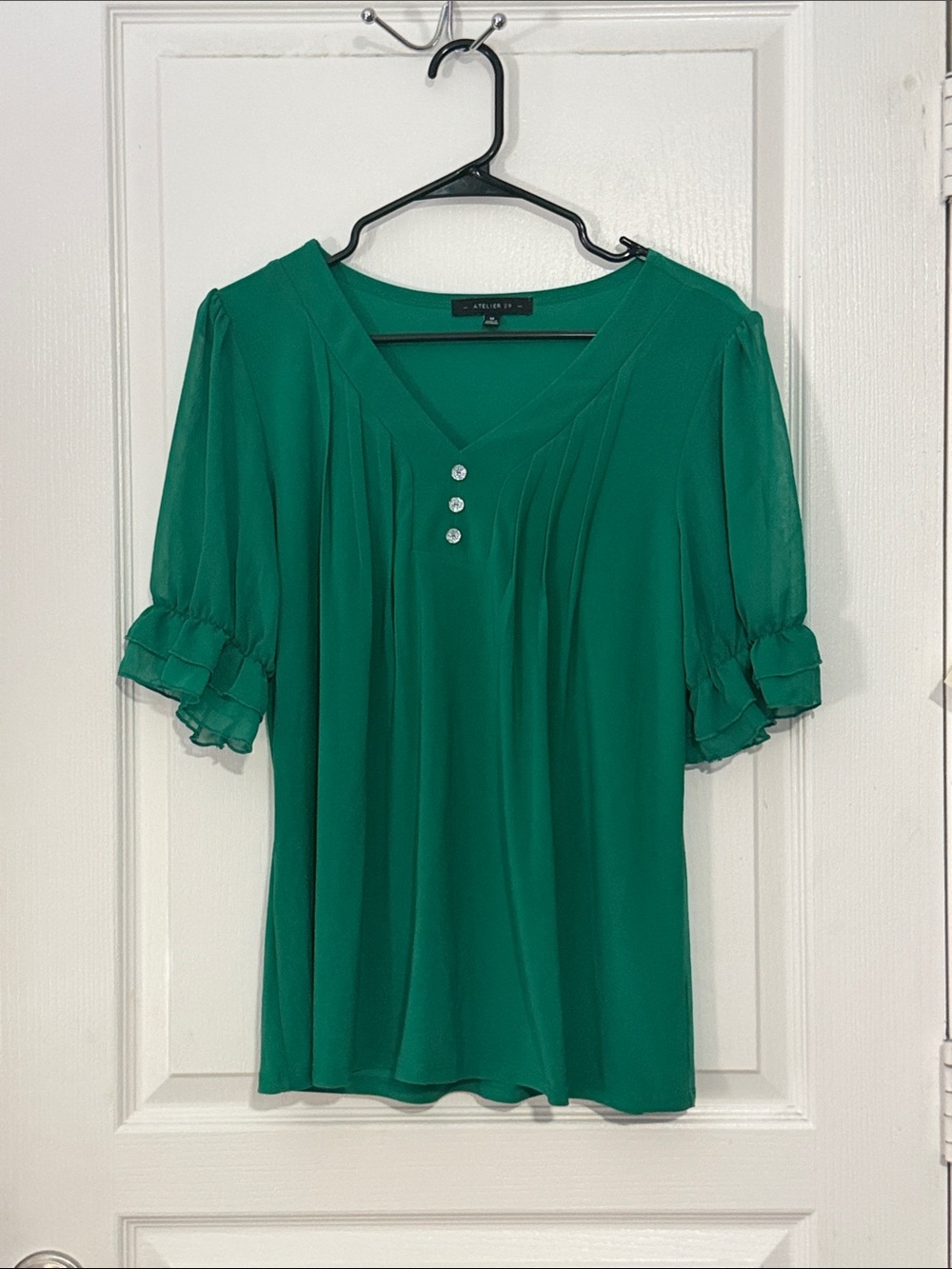 Avenue Emerald Green V-Neck Ruffle Sleeve Blouse with Button Detail